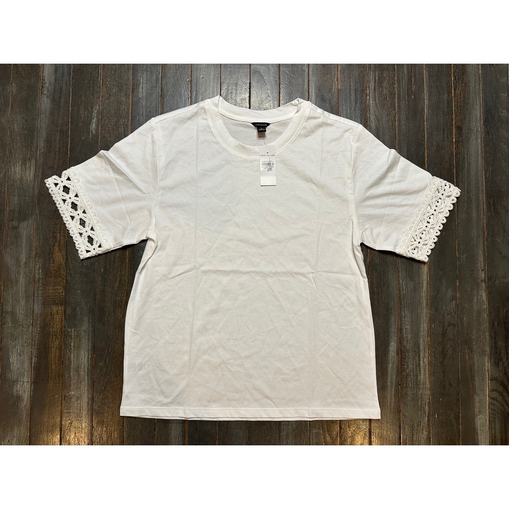 Ann Taylor White Short Sleeve Crochet Lace Trim Crew Neck Top